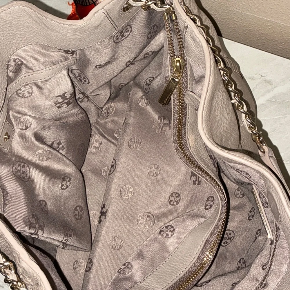 Tory Burch Marion Slouchy Pebble Leather Bag with Chain Straps & Bag Scarf
